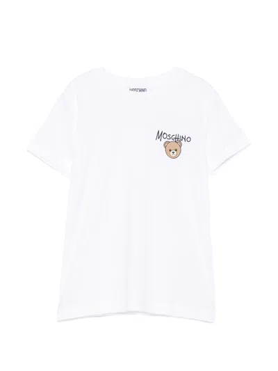 Moschino Kids Boy Cotton Crew Neck T-shirt With Chest Print In White