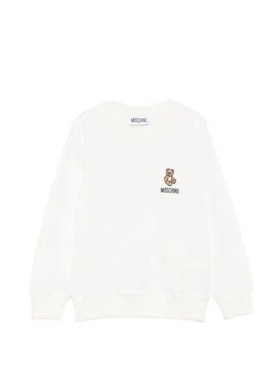 Moschino Kids Boy Mini Teddy Bear Logo Crewneck Sweatshirt, 100% Cotton In Bianco