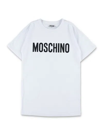Moschino Kids Contrast Logo Mini Dress With Short Sleeves In Bianco