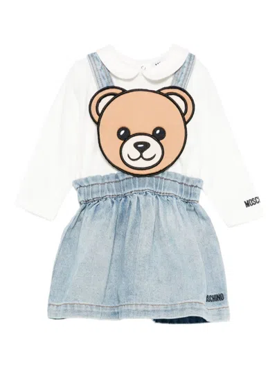 Moschino Kids Denim Dress With Teddy Bear Appliqué In Blue