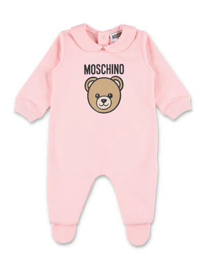 Moschino Kids Teddy Bear Print Cotton Footed Sleepsuit With Peter Pan Collar In Pink