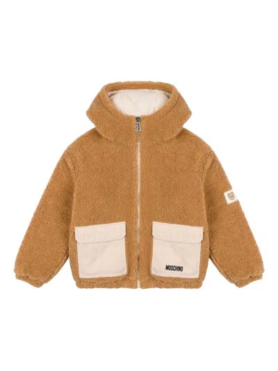 Moschino Kids' Faux-fur Hooded Jacket In Brown