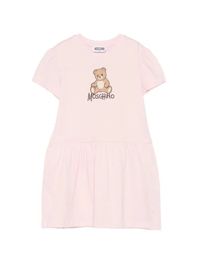Moschino Kids Girl Front Logo Print Cotton Short-sleeve Mini Dress In Rosa