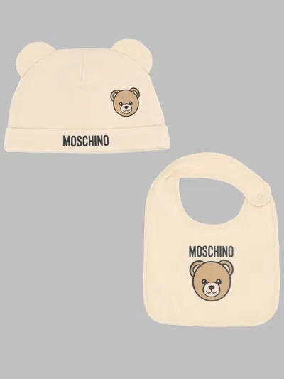 Moschino Kids Hat And Bib Set In Beige