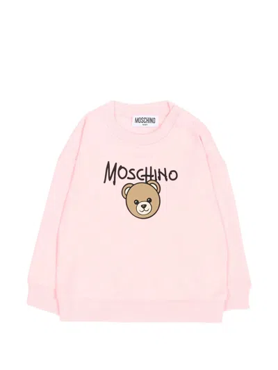 Moschino Kids Kids Teddy Logo Cotton Crewneck Sweatshirt With Snap-button Shoulder In Rosa