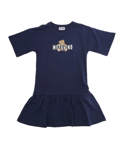 Moschino Kids Logo Printed Ruffled Hem Dress In Blue