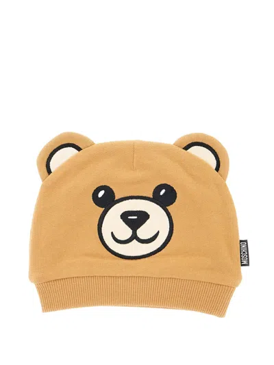 Moschino Kids Mini Boy Cotton Ear-detail Hat With Ribbed Hem In Brown