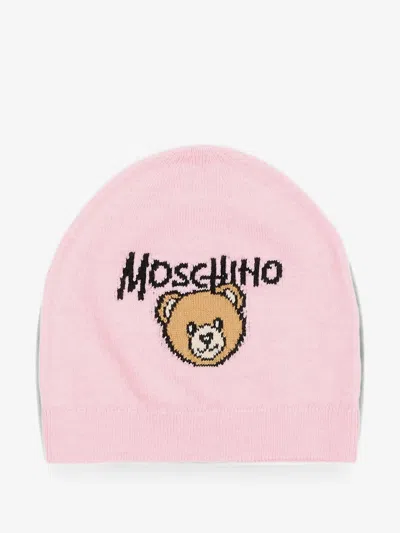 Moschino Kids Mini Embroidered Logo Knit Hat For Boys In Rosa