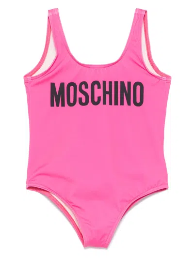 Moschino Kids Mini One-piece Swimsuit With Front Logo Print And Low-cut Back In Fuchsia