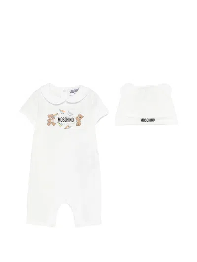 Moschino Kids Mini Onesie And Hat Set With Teddy Bear Print In White