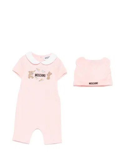 Moschino Kids Mini Onesie And Hat Set With Teddy Print In Pink