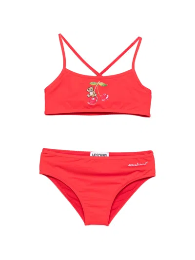Moschino Kids Mini Printed Bikini Set With Crossover Back In Red