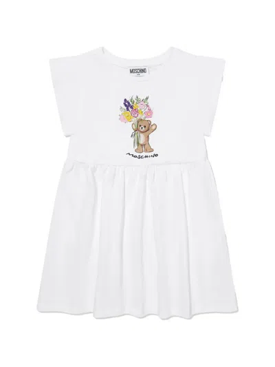 Moschino Kids Mini Round Neck Short Sleeved Dress With Gathered Skirt And Teddy Logo In White