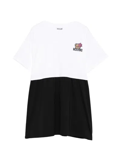 Moschino Kids Mini Short Sleeve Dress With Embroidered Teddy Bear In White