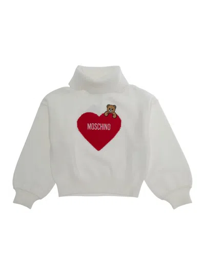 Moschino Kids Mini Tech Fabric Sweater With Round Neck And Long Sleeves In White