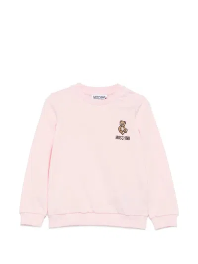 Moschino Kids Mini Teddy Logo Cotton Snap-button Crewneck Sweatshirt In Pink