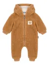 Moschino Kids One-piece Suit With Faux Fur Hood In Brown