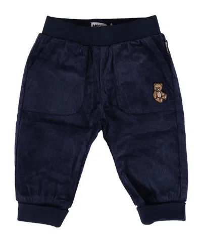 Moschino Kids Teddy-embroidered Tapered-leg Corduroy Trousers In Blue