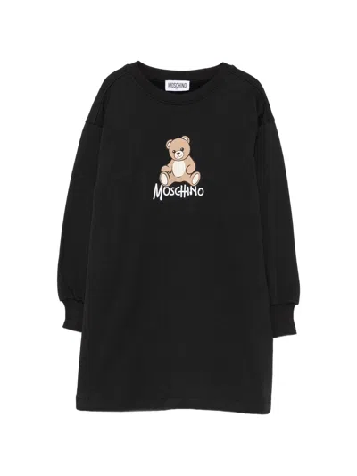 Moschino Kids Teddy Print Logo Crew Neck Mini Dress In White