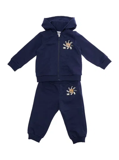 Moschino Kids Unisex Baby Cotton Zip-up Tracksuit With Fixed Hood And Front Graphic In Blue