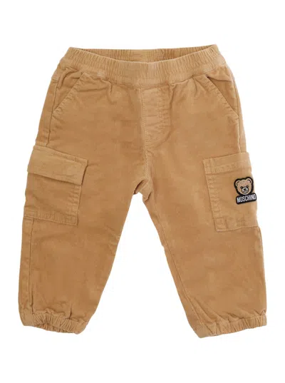 Moschino Kids Unisex Baby Regular-fit Cotton And Elastane Pants With Pockets And Back Patch In Brown