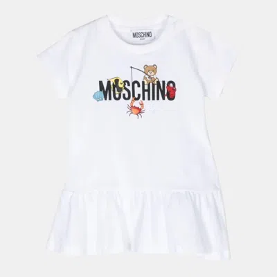 Pre-owned Moschino Kids White Logo Graphic Jersey Ruffled Hem Dress 2 Yrs