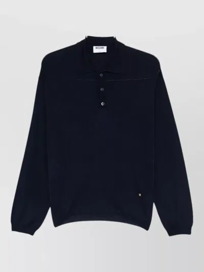 Moschino Knit Polo Sweater Long Sleeves Ribbed Trims In Black