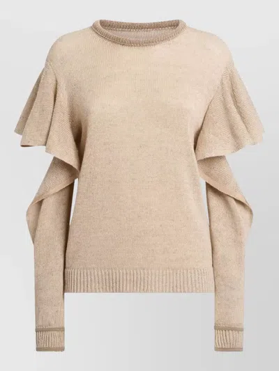 Moschino Knit Top Open Shoulder Ruffled Sleeves In Neutral