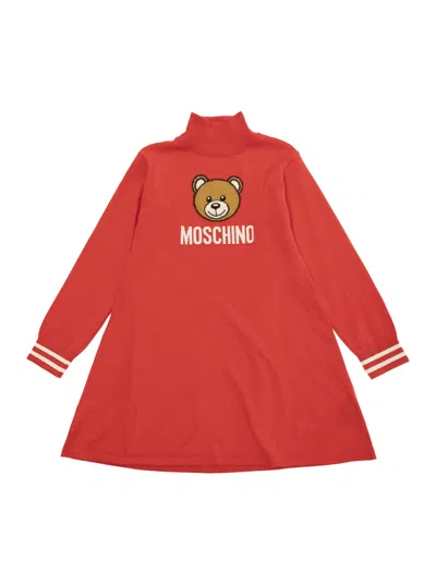 MOSCHINO RED HIGH NECK DRESS WITH TEDDY PRINT IN COTTON AND WOOL GIRL