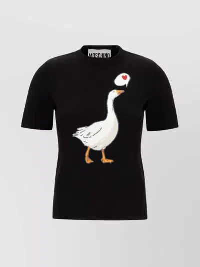 Moschino Goose-motif Short-sleeve Cotton Sweater In Black