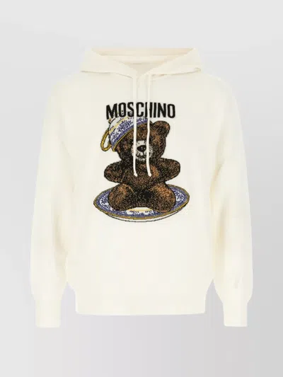 Moschino Knitwear With Graphic Print And Hood In Neutral
