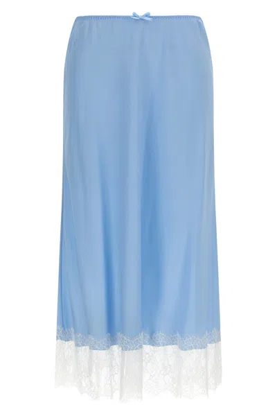 Moschino Silk Twill Midi Skirt With Lace Insert And Flared Silhouette In Blue
