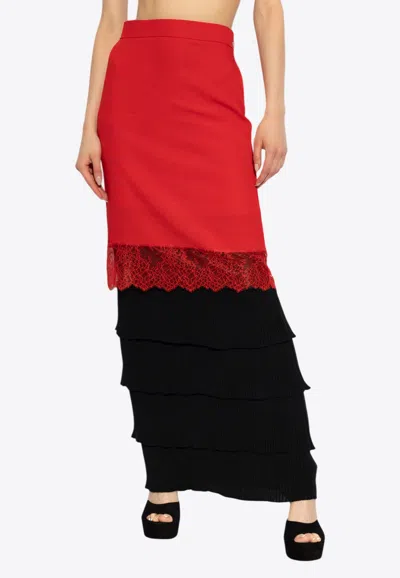 Moschino Lace-trimmed Tiered Maxi Skirt In Red