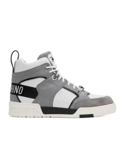 Moschino Lace-up High-top Sneakers In White/grey