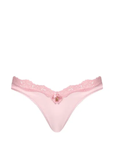 Moschino Lace-trim Logo-charm Thong In Pink