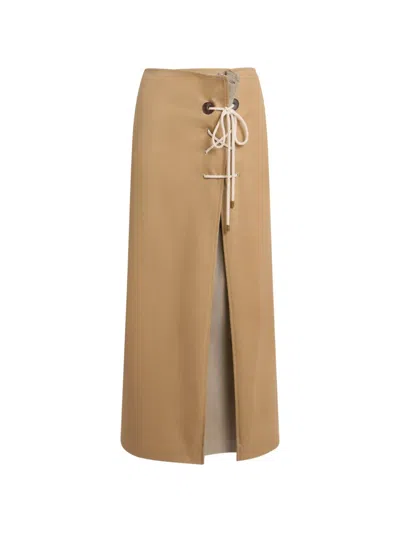 Moschino Lace-up Slit-detail Cotton Midi Gabardine Skirt In Brown