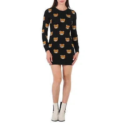 Pre-owned Moschino Ladies Fantasia Black Intarsia Teddy Wool Knit Mini Dress, Brand Size