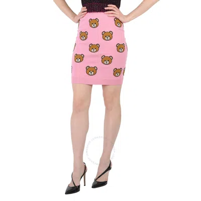 Moschino Ladies Fantasia Rosa Allover Teddy Bear Wool Skirt In Pink