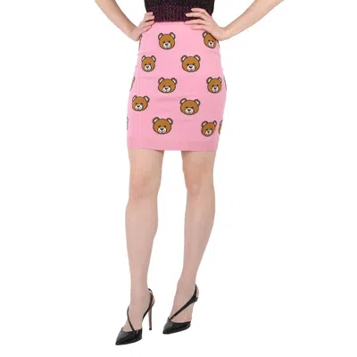 Pre-owned Moschino Ladies Fantasia Rosa Allover Teddy Bear Wool Skirt In Pink