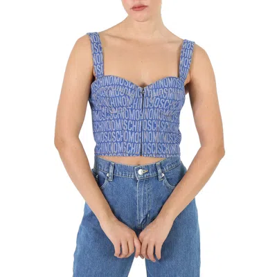 Moschino Ladies Fantasy Print Blue Monogram Denim Cropped Top