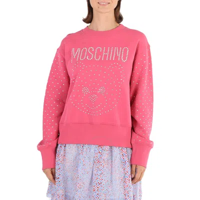 Moschino Ladies Fantasy Print Fucsia Crystal Teddy Bear Organic Cotton Sweatshirt In Pink