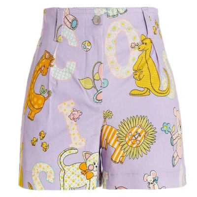 Moschino Ladies Purple All Over Logo Circus Print Shorts In Pink