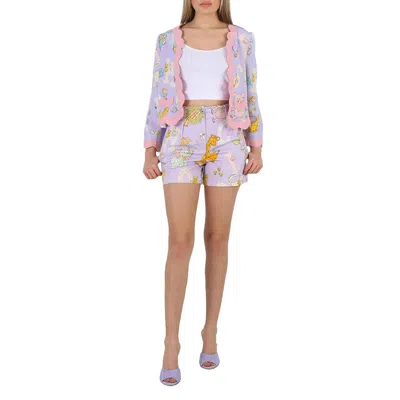 Moschino Ladies Purple All Over Logo Circus Print Shorts, Brand Size 38 (us Size 4)