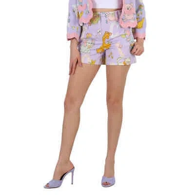Pre-owned Moschino Ladies Purple All Over Logo Circus Print Shorts, Brand Size 38 (us Size