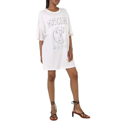 MOSCHINO LADIES WHITE COTTON CRYSTAL LOGO SHIRT DRESS