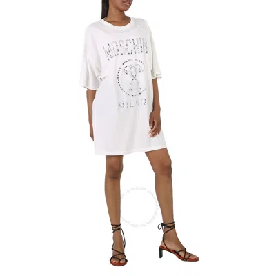 Moschino Ladies White Cotton Crystal Logo Shirt Dress In Gray
