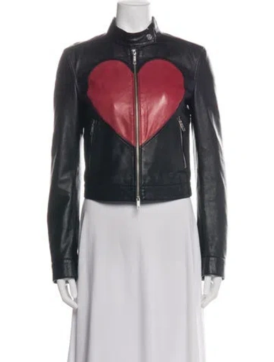 Pre-owned Moschino Lamb Leather Graphic Print Biker Jacket In Green