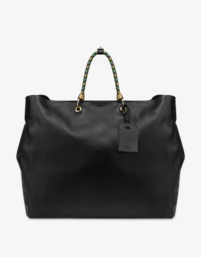 Moschino Large Calfskin Shopper In Black