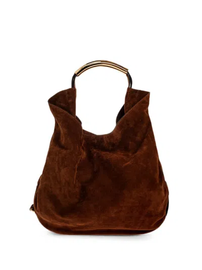 Moschino Large Suede Bag With Curved Gold-tone Metal Handle In Brown