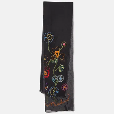 Pre-owned Moschino Larioseta Floral Embroidery Silk Scarf In Black